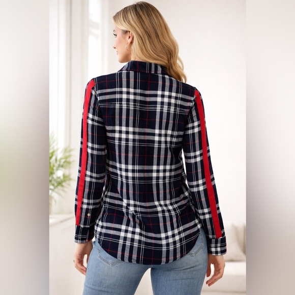 Polly & Esther Plaid Button-Down Shirt Navy Red White Flannel Top Stripe Sleeve - Picture 2 of 5